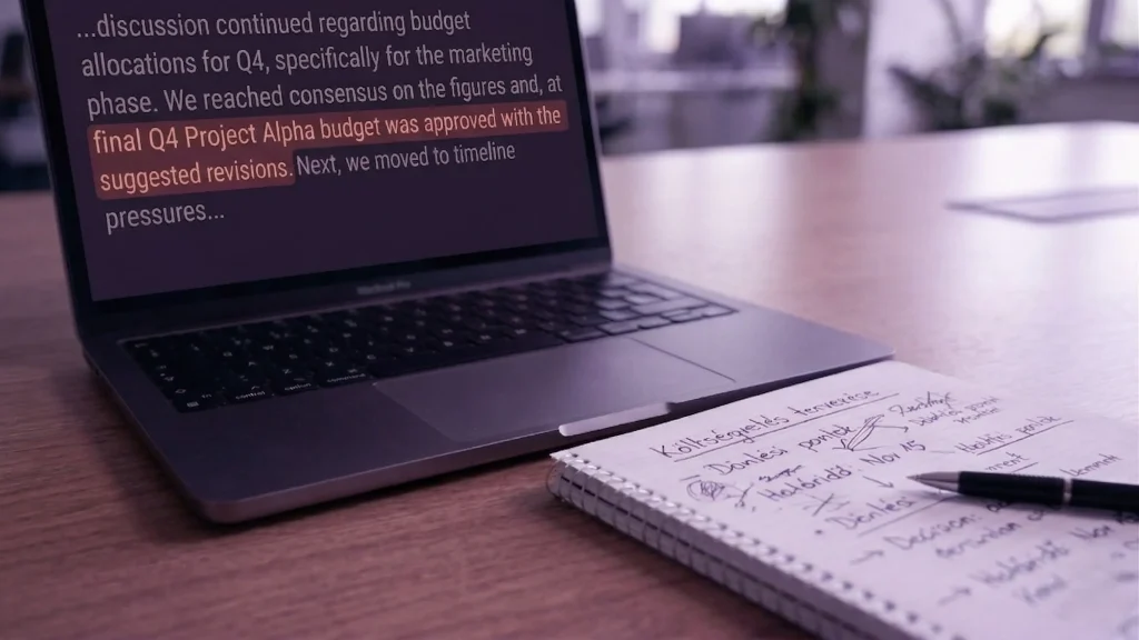 döntési memória, visszakereshető tudás, megbeszélések, elhatározás, jegyzőkönyv, leiratozás, hang- és videófájlok, forráshivatkozás, projektátadás, megtakarítás, üzleti veszteség, zárt belső környezet,